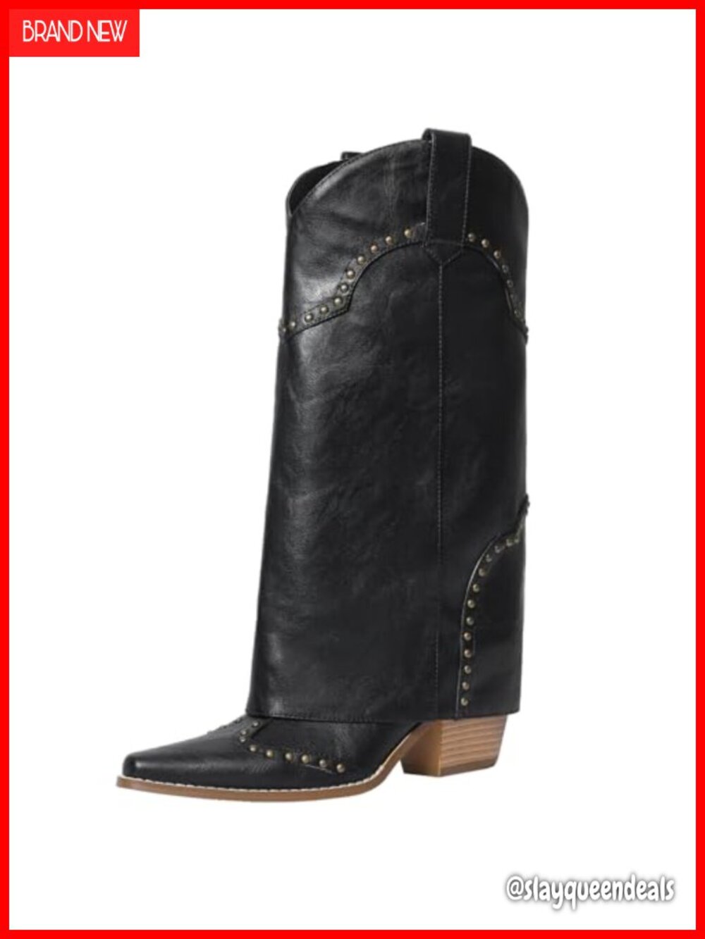 Faux Leather Knee High Cowboy Boots Fold Over Block Heel Pull-On